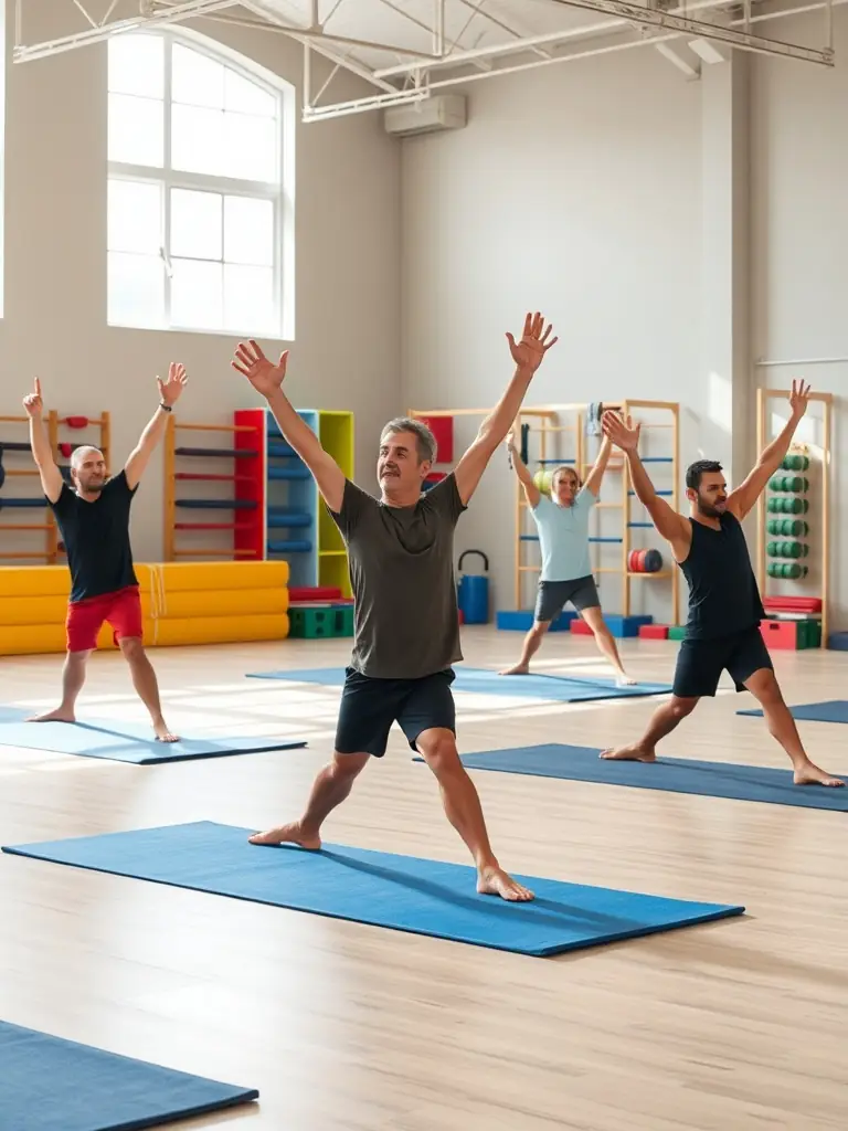Adults participating in a gymnastics class, focusing on fitness, flexibility, and skill development, demonstrating that gymnastics is for all ages at GYM SYMPA.