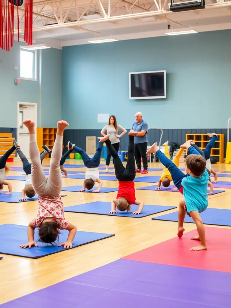 A group of elementary-aged children practicing basic gymnastics skills, such as cartwheels and forward rolls, under the guidance of a certified instructor at GYM SYMPA.