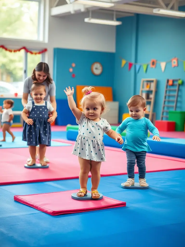 A dynamic image of toddlers participating in a parent-assisted gymnastics class, focusing on balance and coordination exercises, set in a colorful and safe environment at GYM SYMPA.