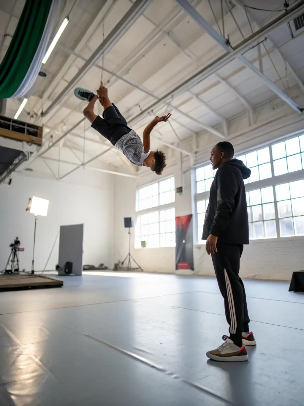An action-packed image of teenagers practicing advanced gymnastics routines, including flips and tumbling passes, in a well-equipped training area at GYM SYMPA.