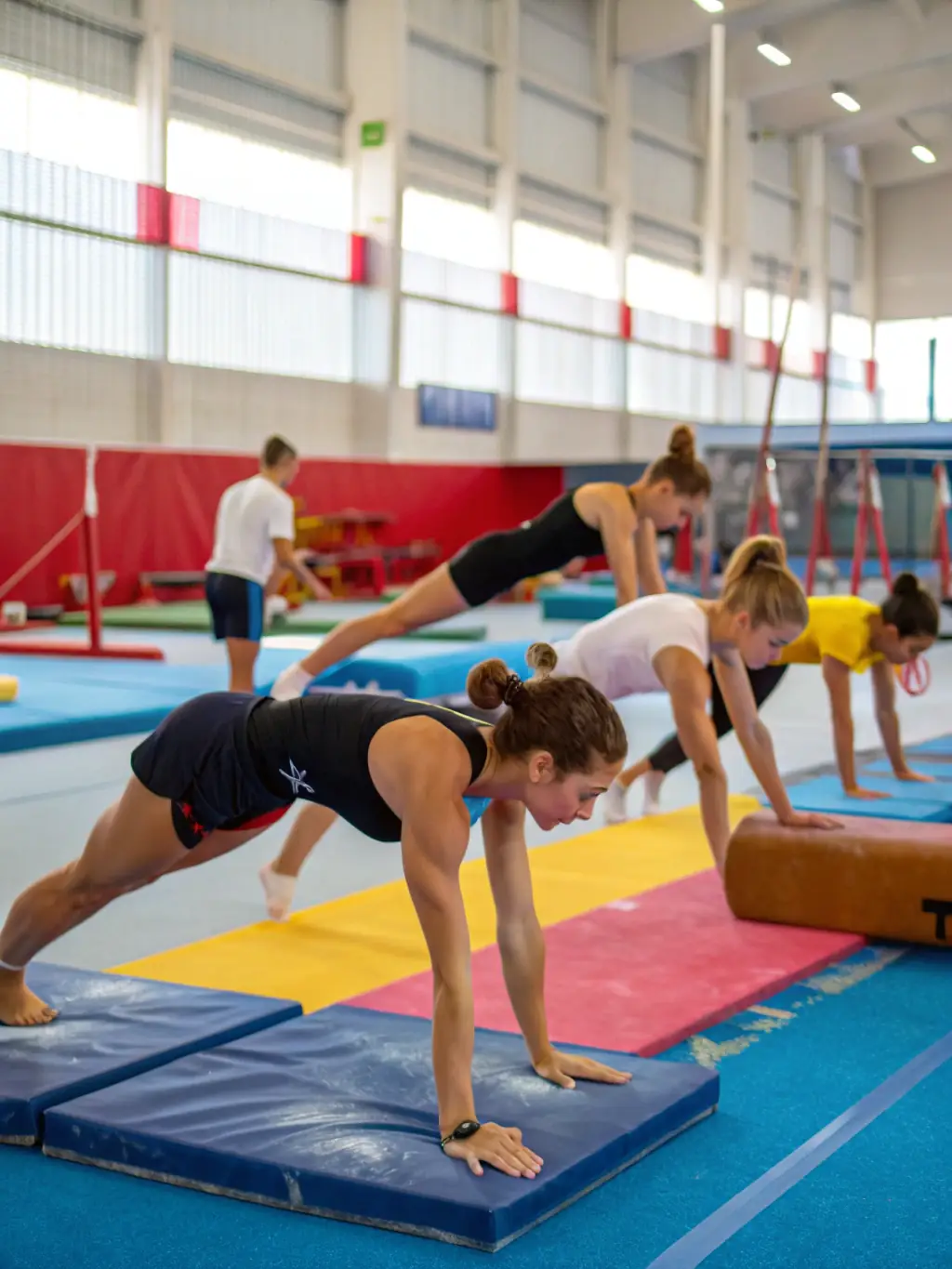 Teenagers engaged in advanced gymnastics training, including practicing routines on the balance beam and uneven bars, showcasing skill and precision at GYM SYMPA.