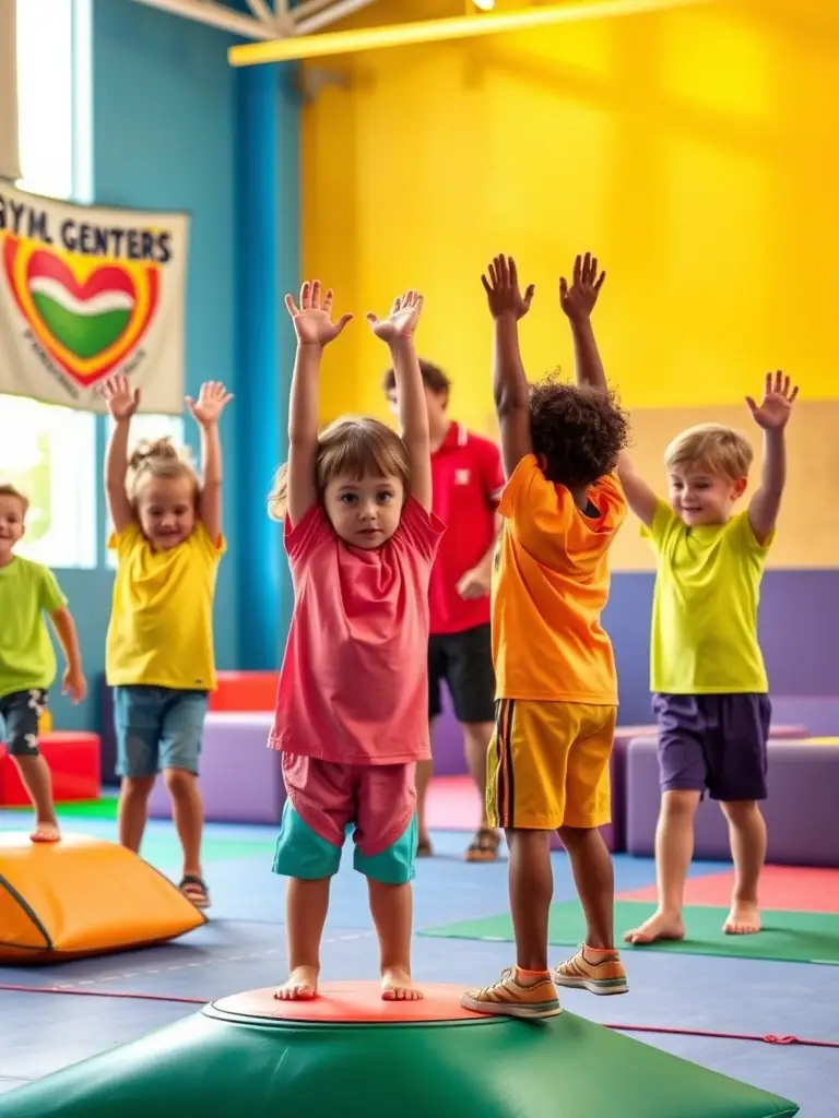 A dynamic shot of children aged 6-8 engaged in a beginner gymnastics class, learning fundamental skills like cartwheels and handstands under the guidance of a certified GYM SYMPA instructor.