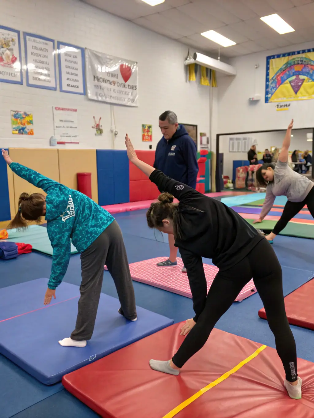 A focused image of adults participating in a gymnastics fitness class, emphasizing strength training, flexibility, and overall fitness, held in a supportive and motivating atmosphere at GYM SYMPA.