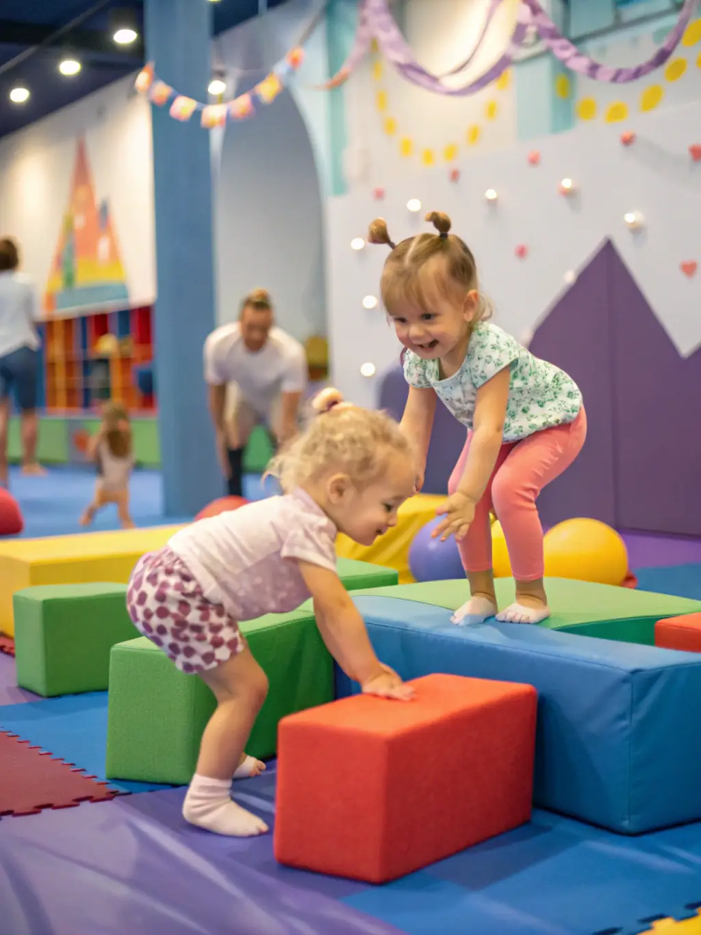 A vibrant image of toddlers participating in a parent-tot gymnastics class, focusing on basic motor skills and coordination, set in a colorful and safe environment at GYM SYMPA.